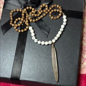 Brown and White Beaded Feather Pendant Necklace